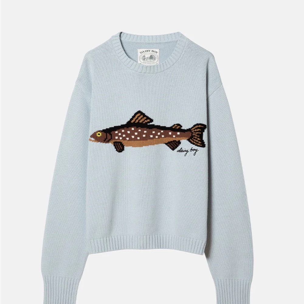 Blue and Brown Fish Design Sweater